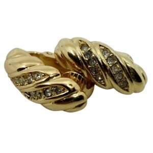 CHRISTIAN DIOR~Vintage 80s CRYSTAL YELLOW GOLD PLATED HUGGIE CLIP ON EARRINGS